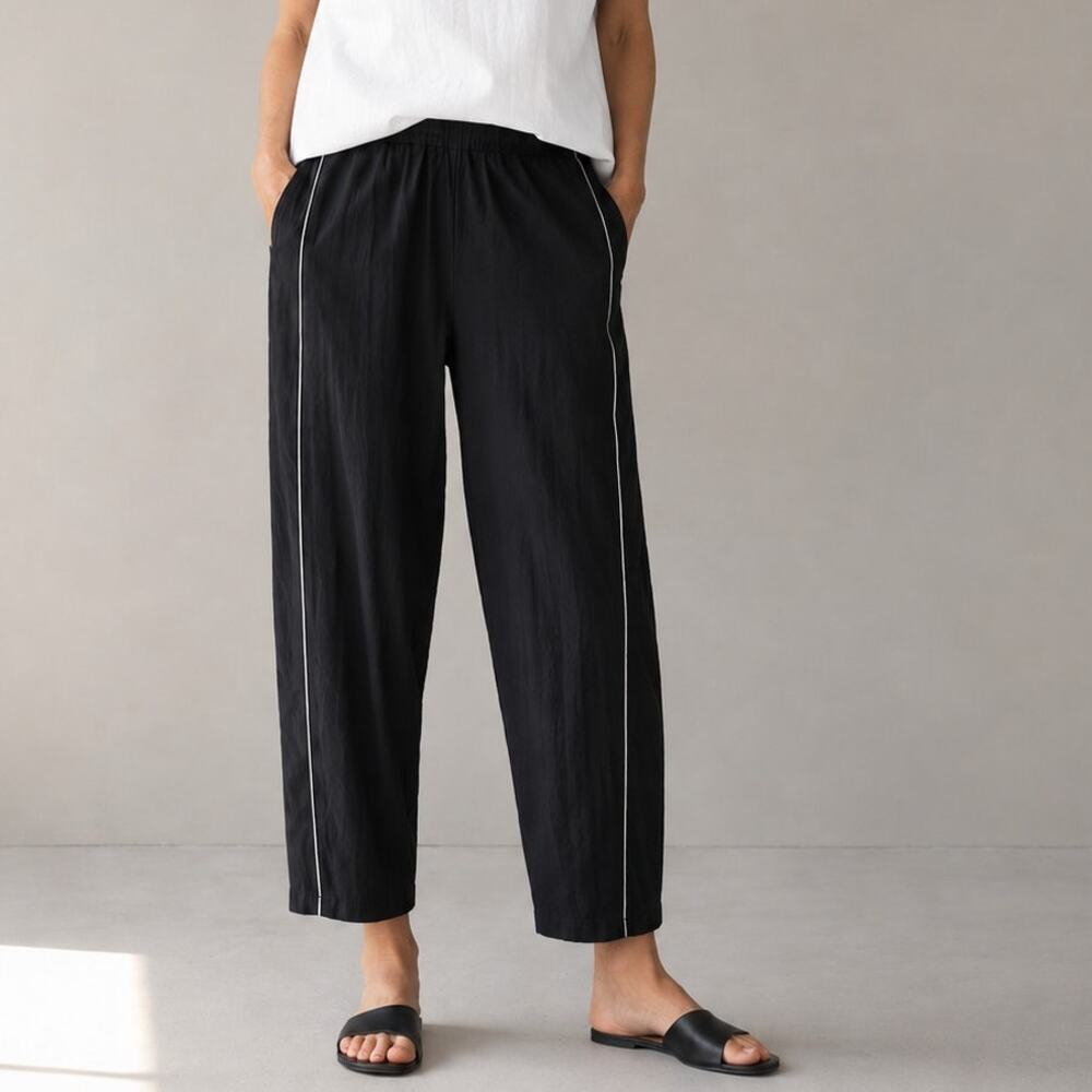 Lisa Bayne Pants Lagenlook Pull On Cropped Black Boho USA Minimalist Travel- M